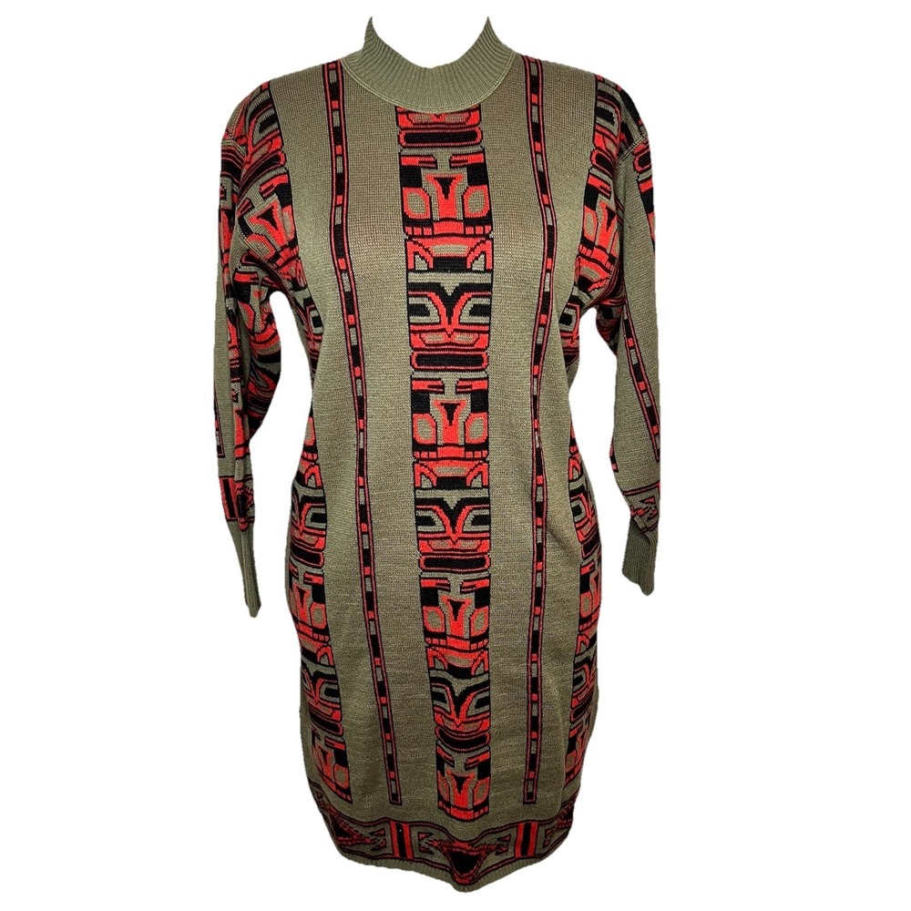 Rodier Paris Women‎ Vtg Knit Sweater Dress M Wool Tribal Totem Cats Tiki 90s Y2K